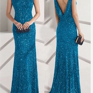 Elegant Blue Sequin Evening Gown